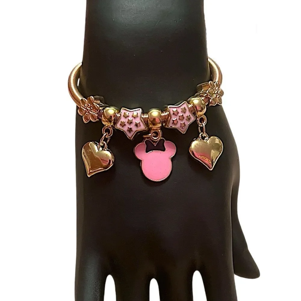 🤯5/$25🤯 Pink Minnie Mouse Heart Stretchy Gold Tone Charm Bracelet